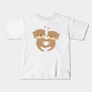 Cute Otters Holding Paws In Love Kids T-Shirt